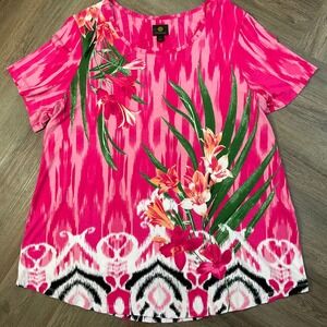 JM Collection Womens 1X Floral‎ Top Pink Short Sleeve Blouse Tropical Print Plus